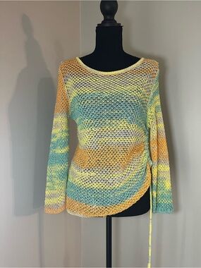 Ruby Rd. Open-Knit Scoop Neck Sweater in Yellow, Teal & Cream